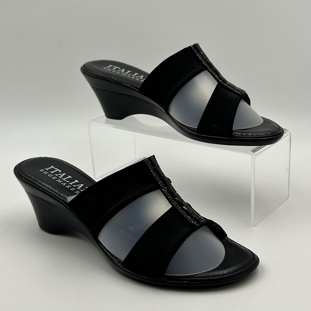 Italian Shoemakers Wedge Sandals Womens 7 Black Rhinestone Slides Chic Classic